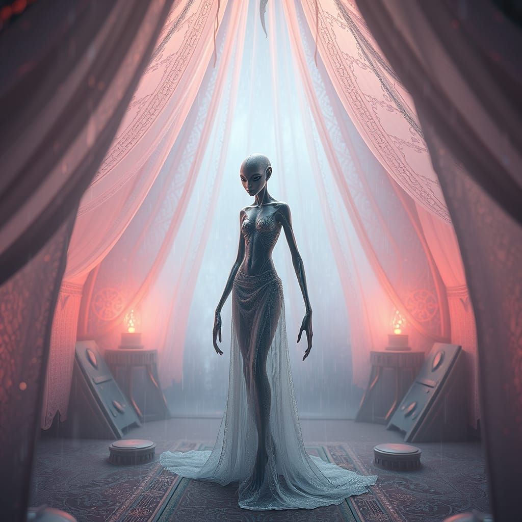 Ethereal Alien in Lacy Tent Amidst Futuristic Spaceship