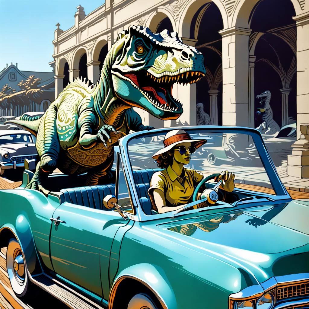 Surreal Dinosaur Goddess Cruising in a Cadillac, Dark Woodcu...