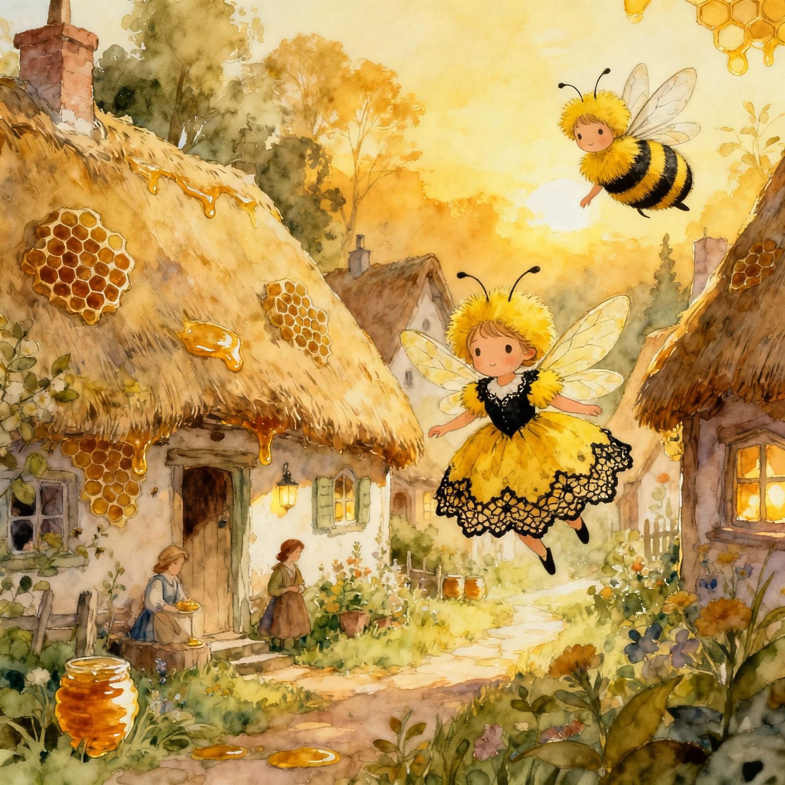 Bee Fairies in Honey Grove Village Watercolor