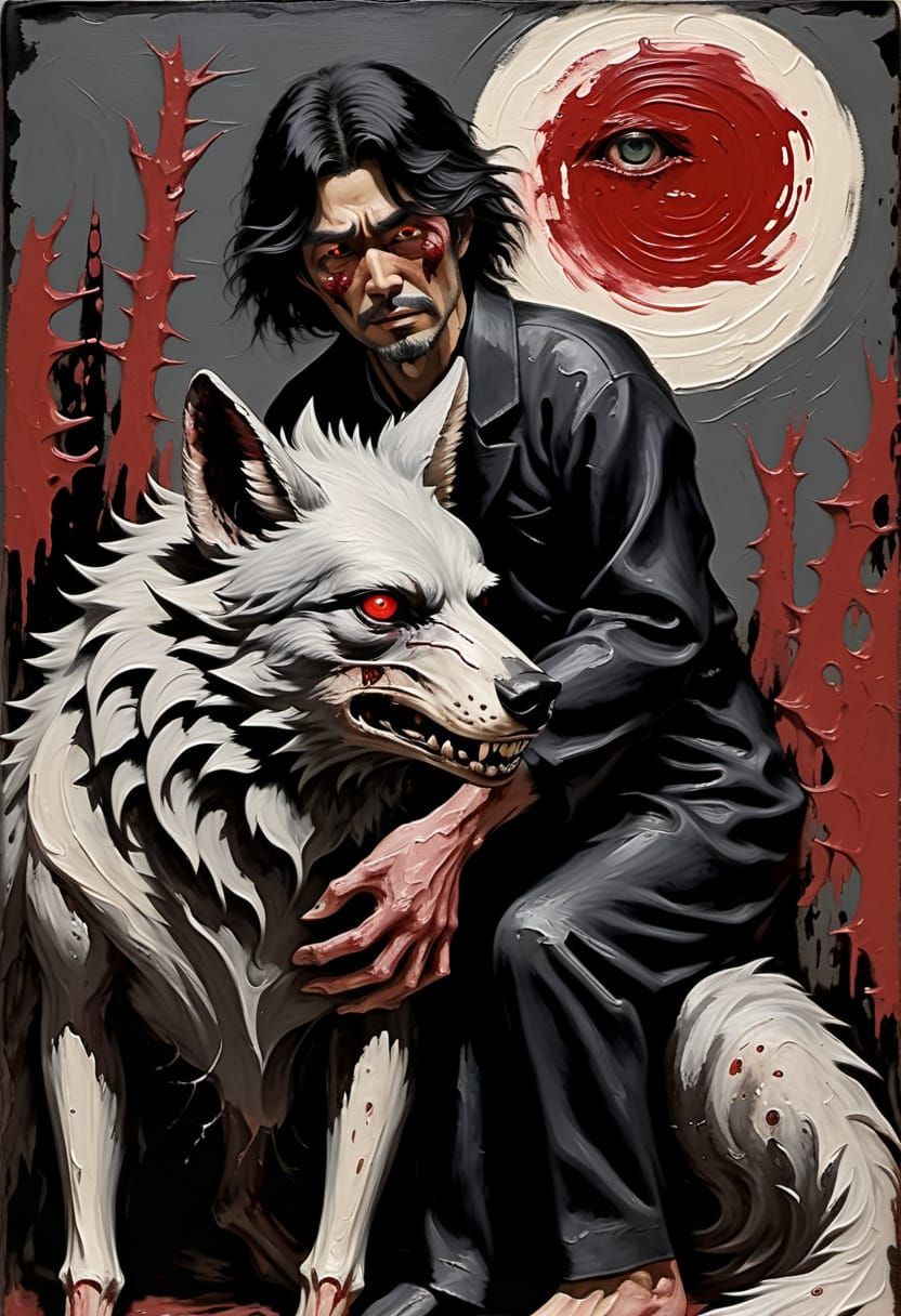 Man Cares for Injured Wolf in Cursed Impasto Painting