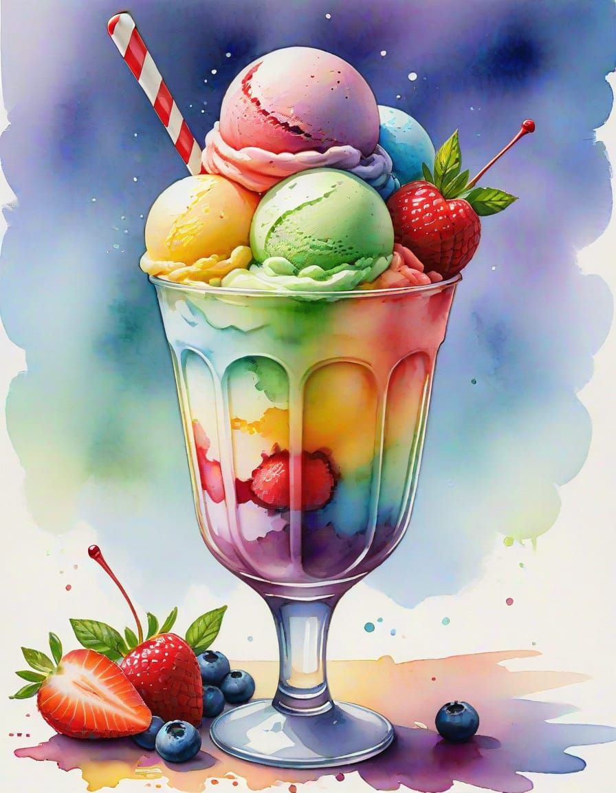 Rainbow Sorbet Ice Cream Watercolor Art