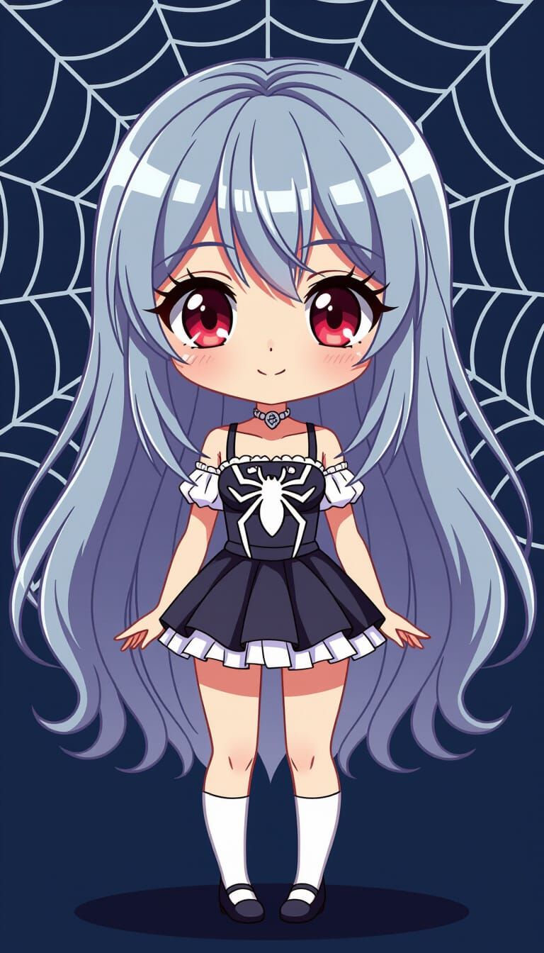 Cute Chibi Girl in White Spiderweb, Crimson Eyes
