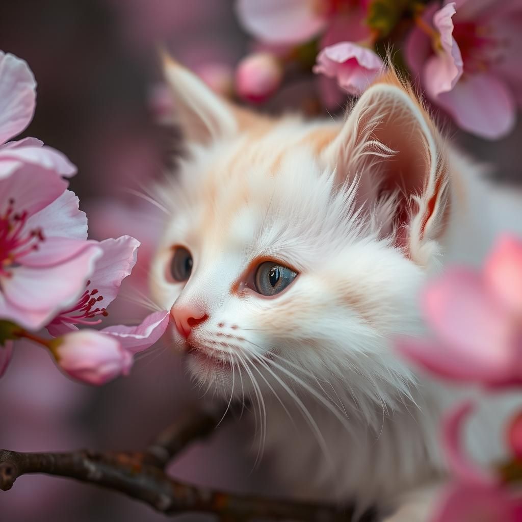 Whimsical White Cat Admires Cherry Blossom with Gentle Nose