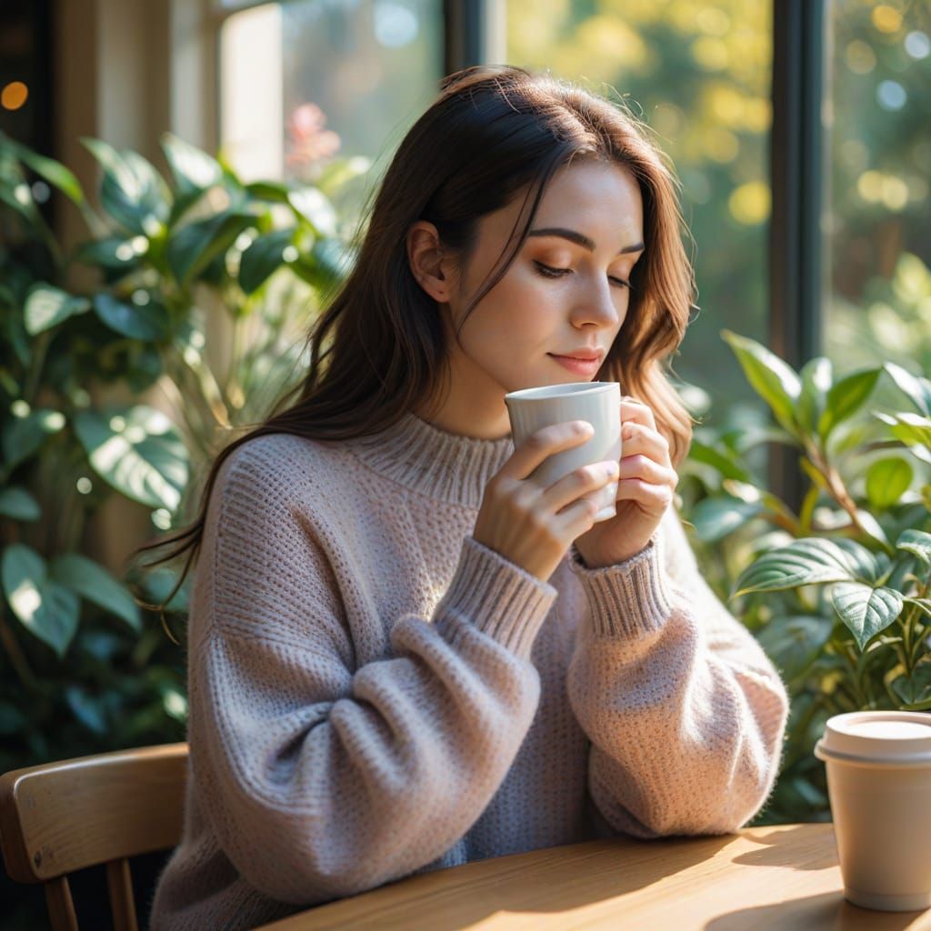 Cozy Girl in Sunlit Café with Plants and Coffee