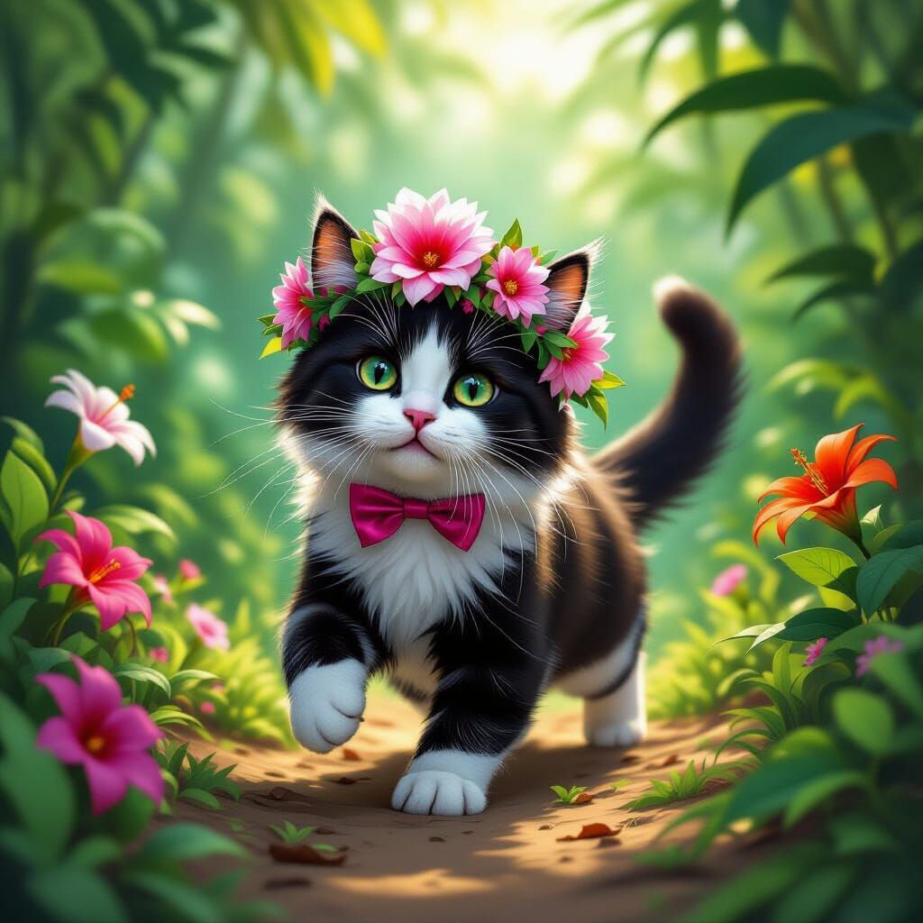 Tuxedo Cat Pounces in Flower Crown in Jungle Clearing