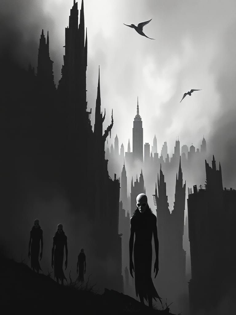 Ethereal Metropolis Shrouded in Darkness and Shadows