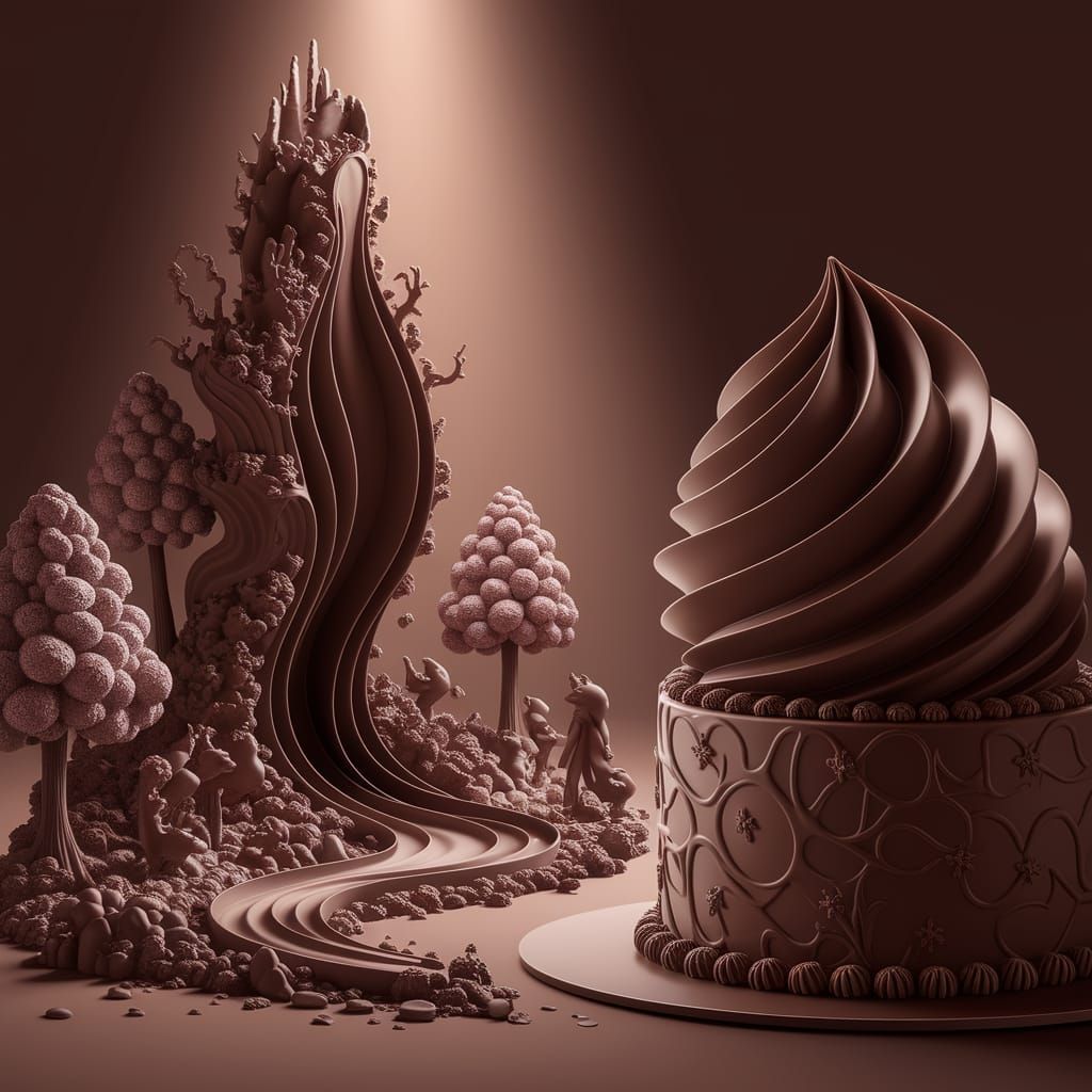 Towering Chocolate Sculpture Melting Under Soft Light