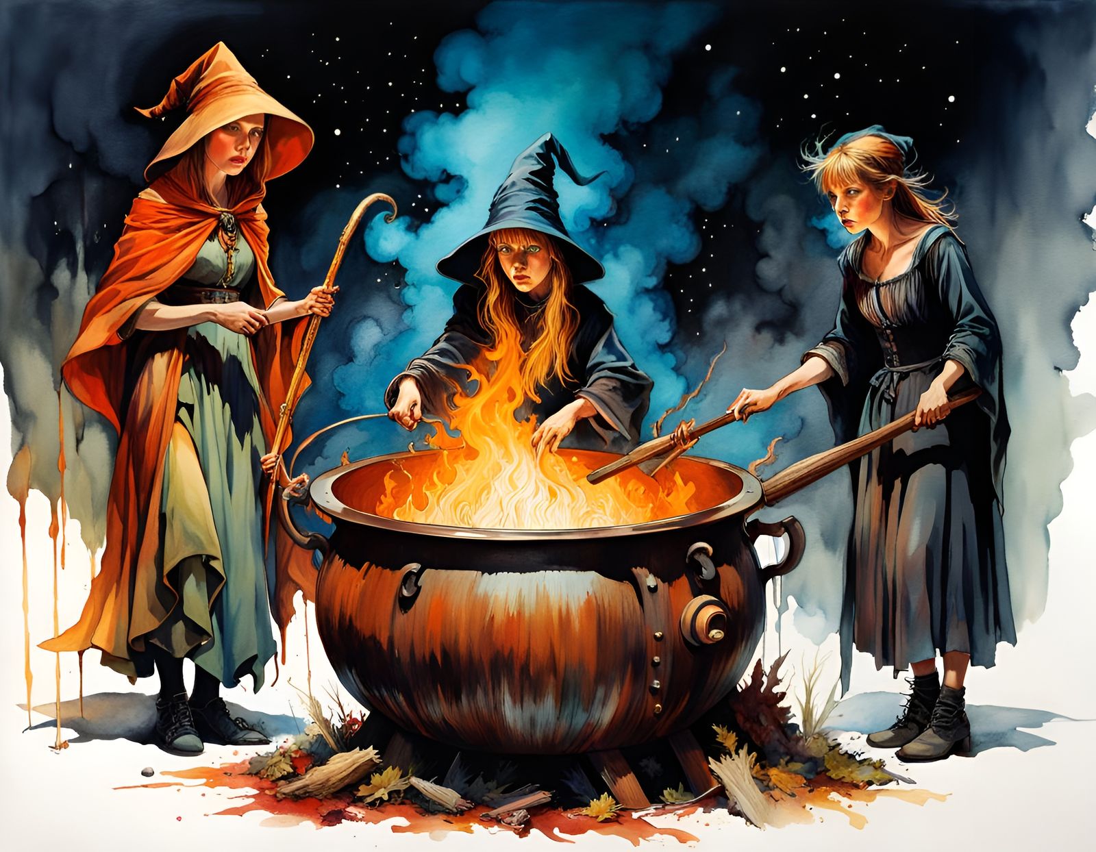 A Frightened Child Confronts a Witch's Cauldron