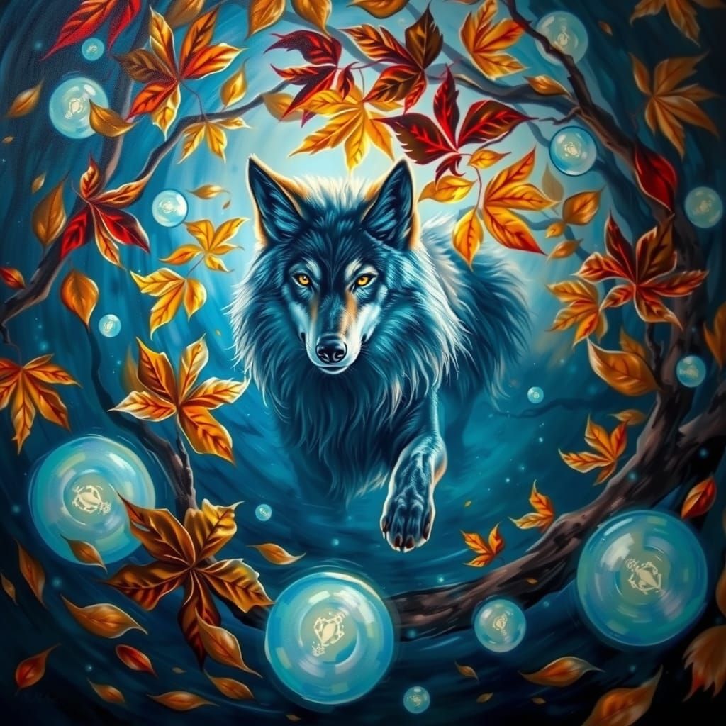 Fantasy Wolf in Whirling Autumn Leaves