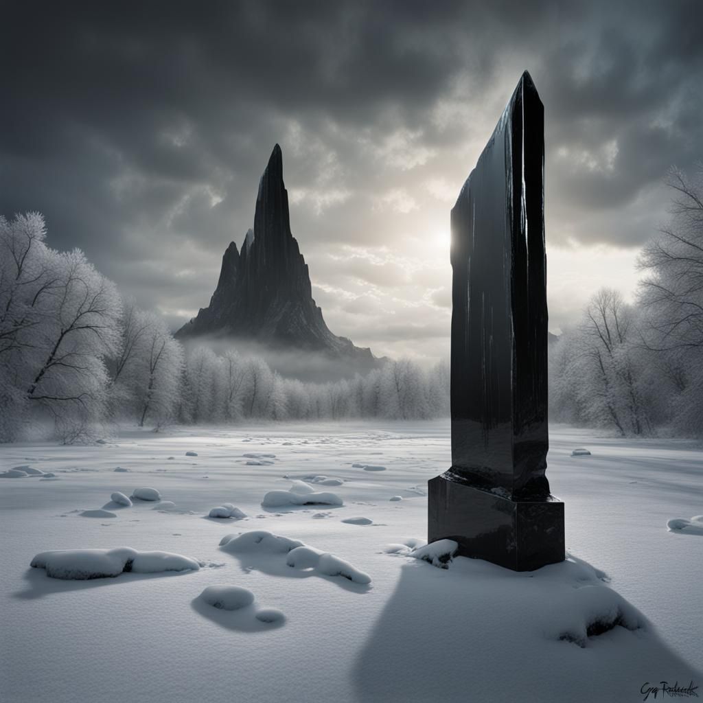 Frozen Black Ice Monolith in a Barren Winter Landscape