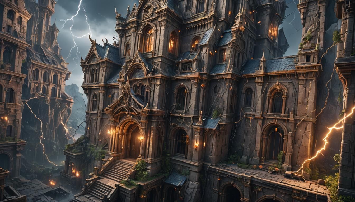 Fantastical Building at Dawn with Lightning, Detailed in Unr...