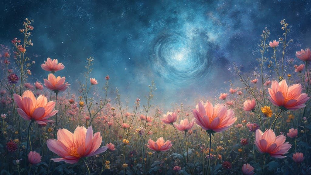 Wildflowers Under Galaxy Sky in Watercolor Style