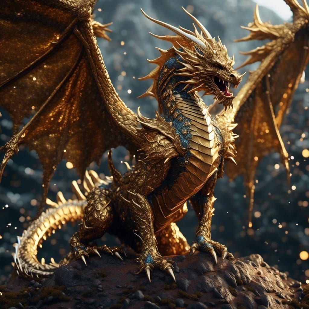 Majestic Golden Fantasy Dragon in Detailed Matte Painting