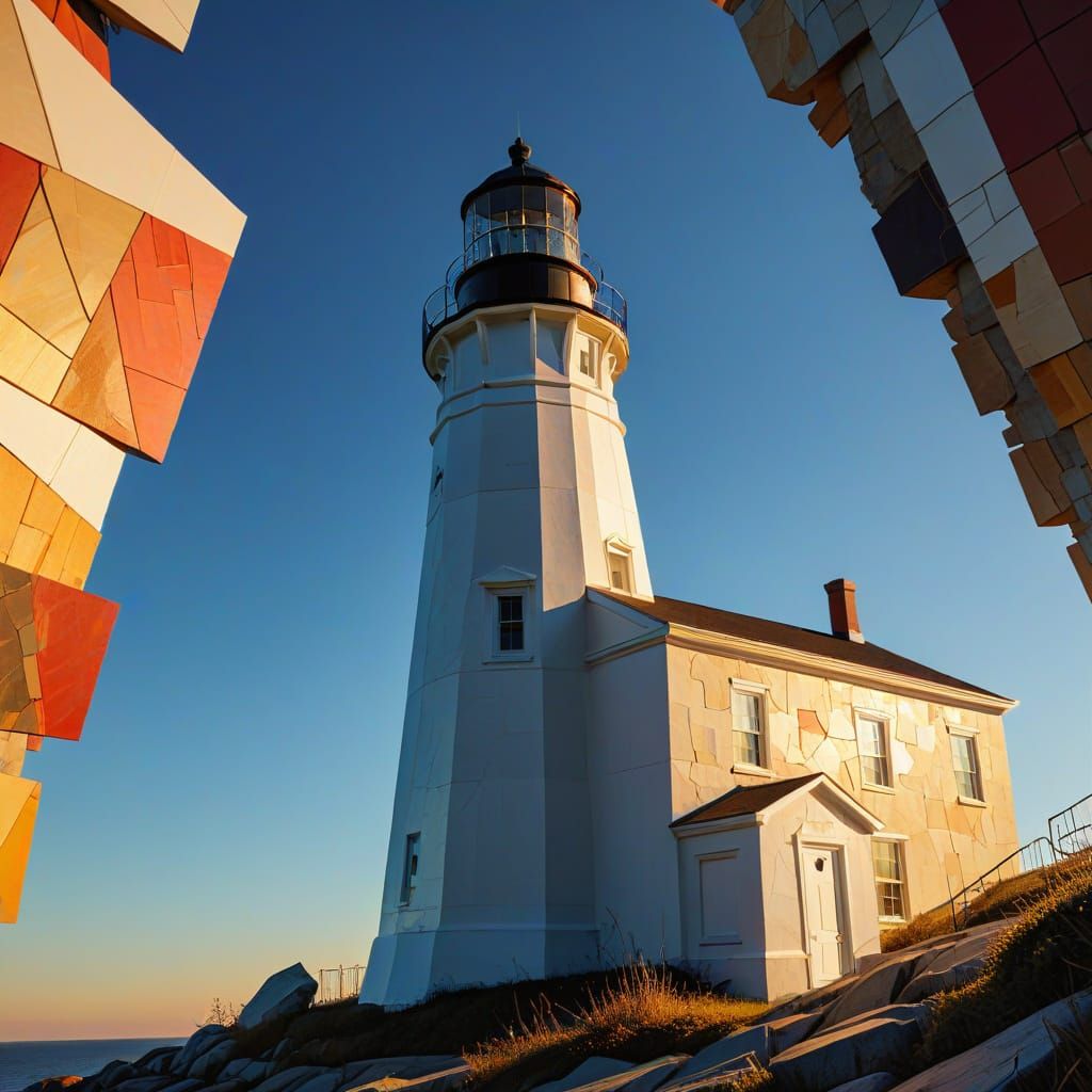 Cape Elizabeth Lighthouse Sunset in Cubist Style