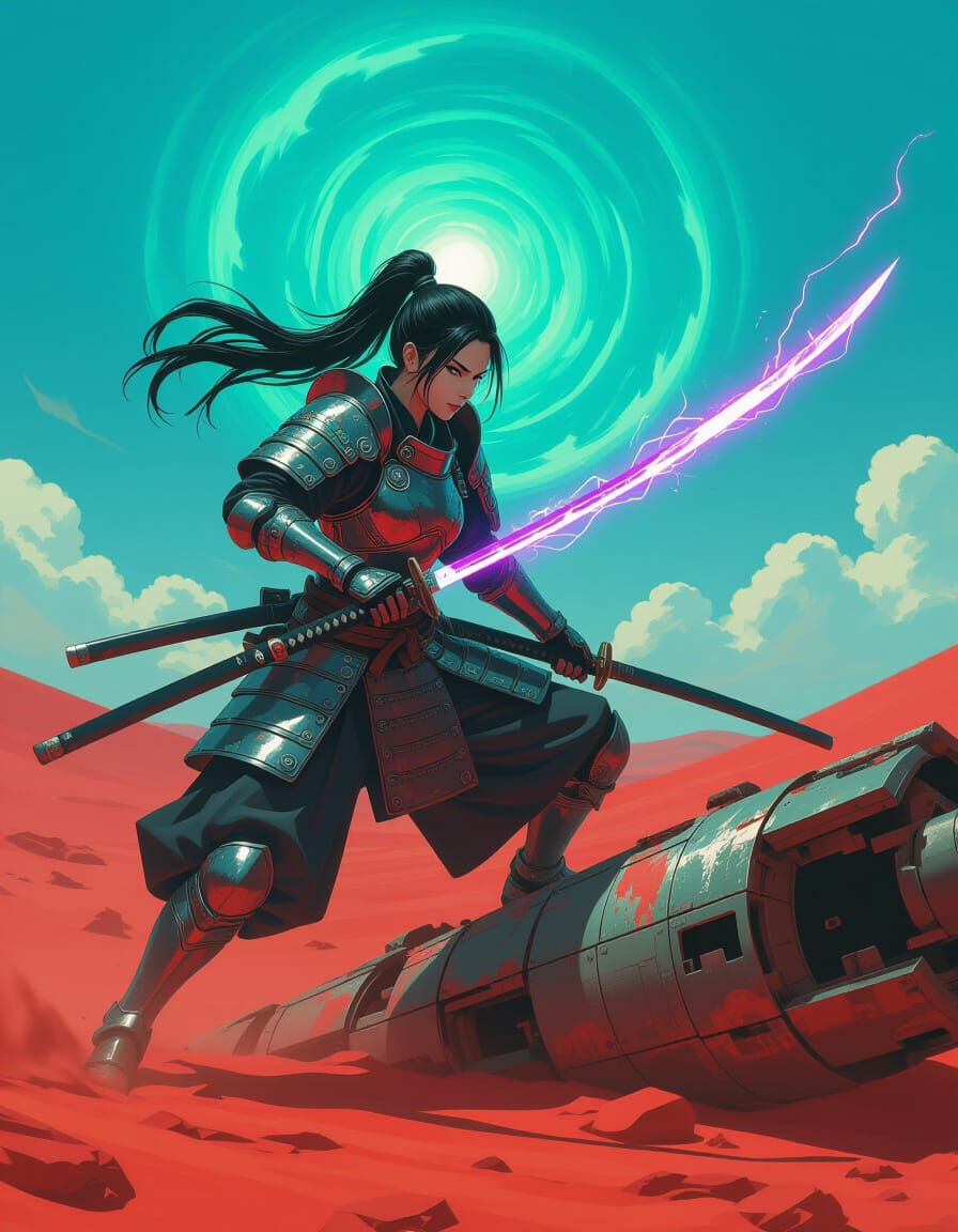 Female Samurai Warrior on Starship Hull in Neon Armor