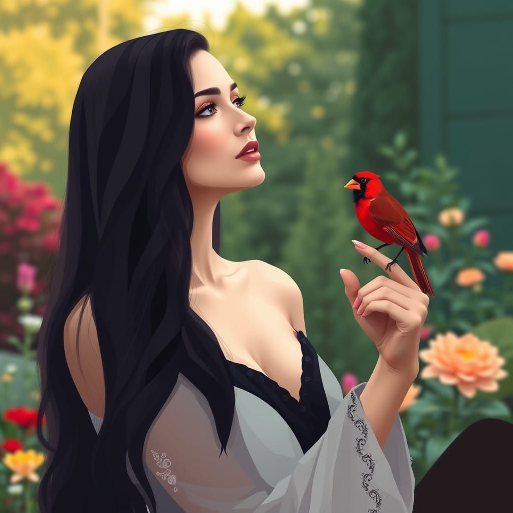 Elegant Woman in Garden with Cardinal, Geometric Abstract