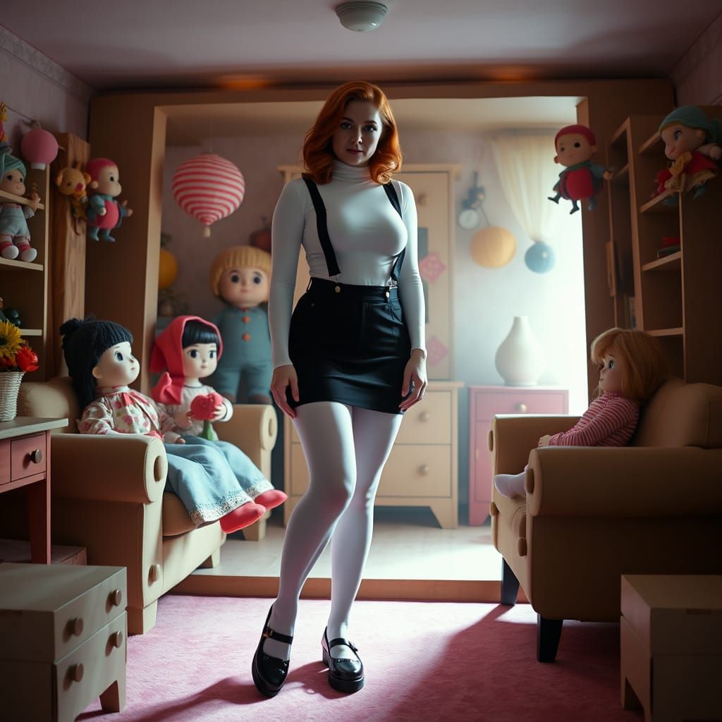 Sultry Redhead in Whimsical Toy Box Wonderland