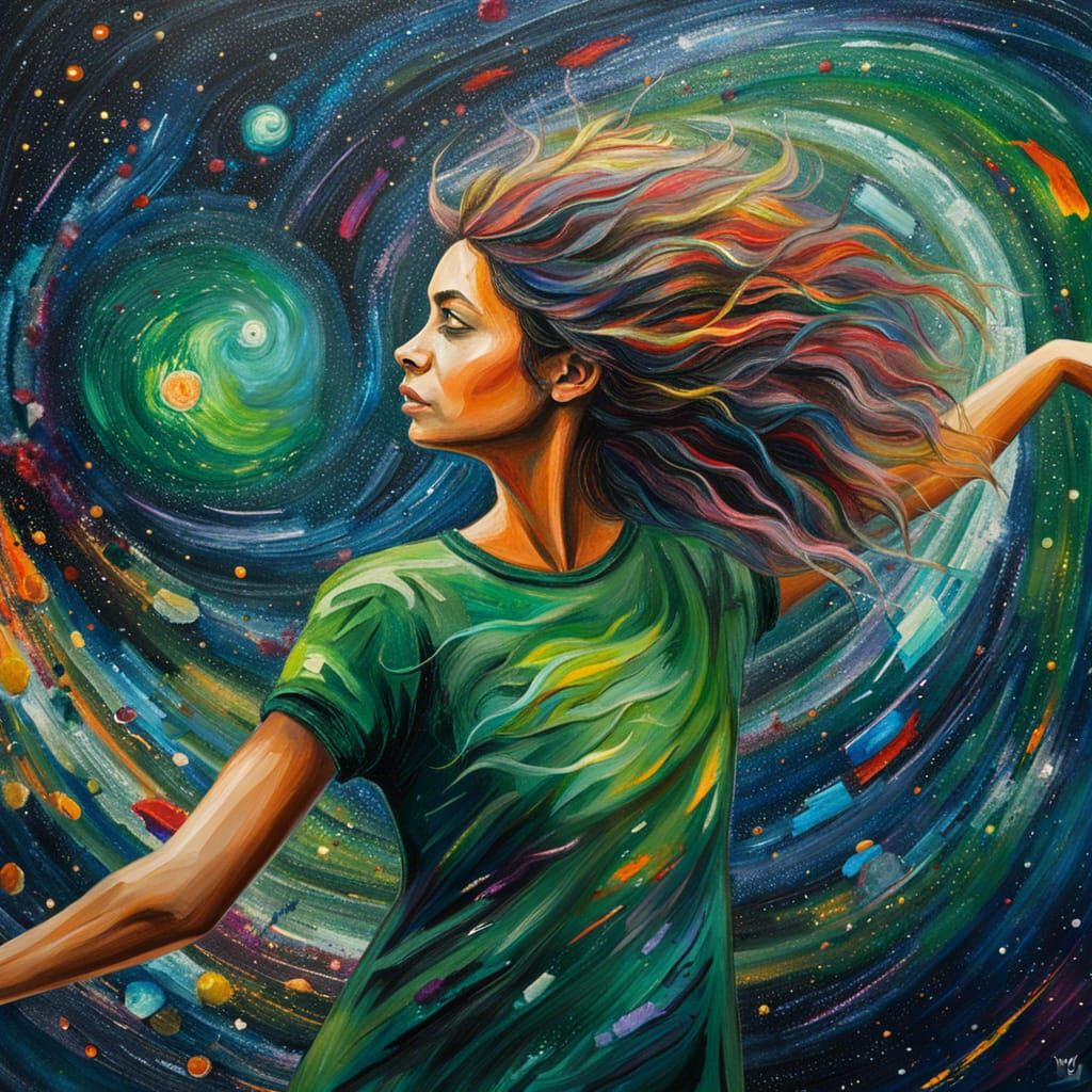 Abstract Expressionist Woman Paints Starry Night Galaxy