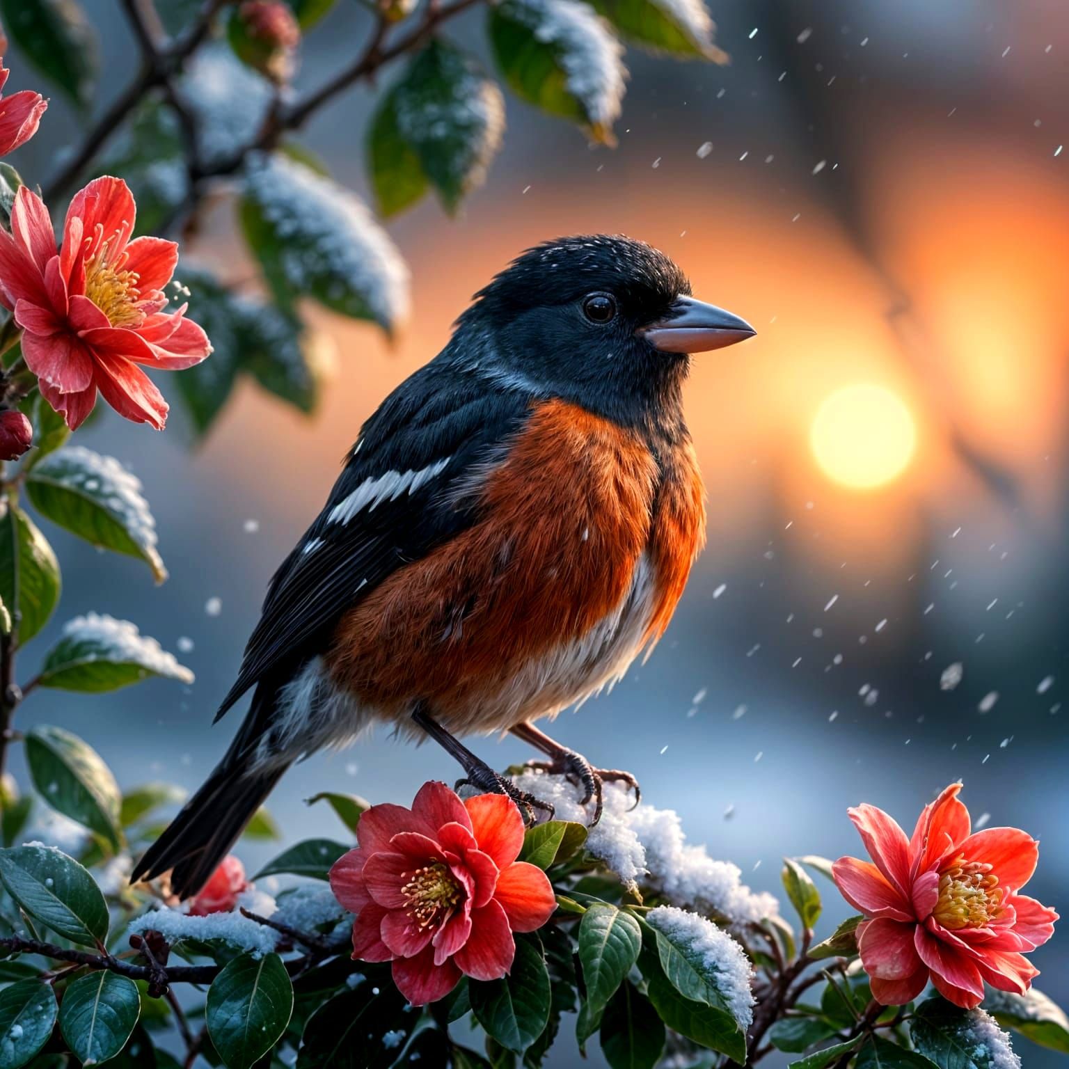 Hyperrealistic Miniature Black and Red Broadbill in Winter W...