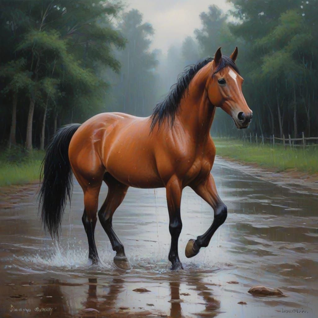 Elegant Equine in Rainy Weather, in Traditional Oil Painting...