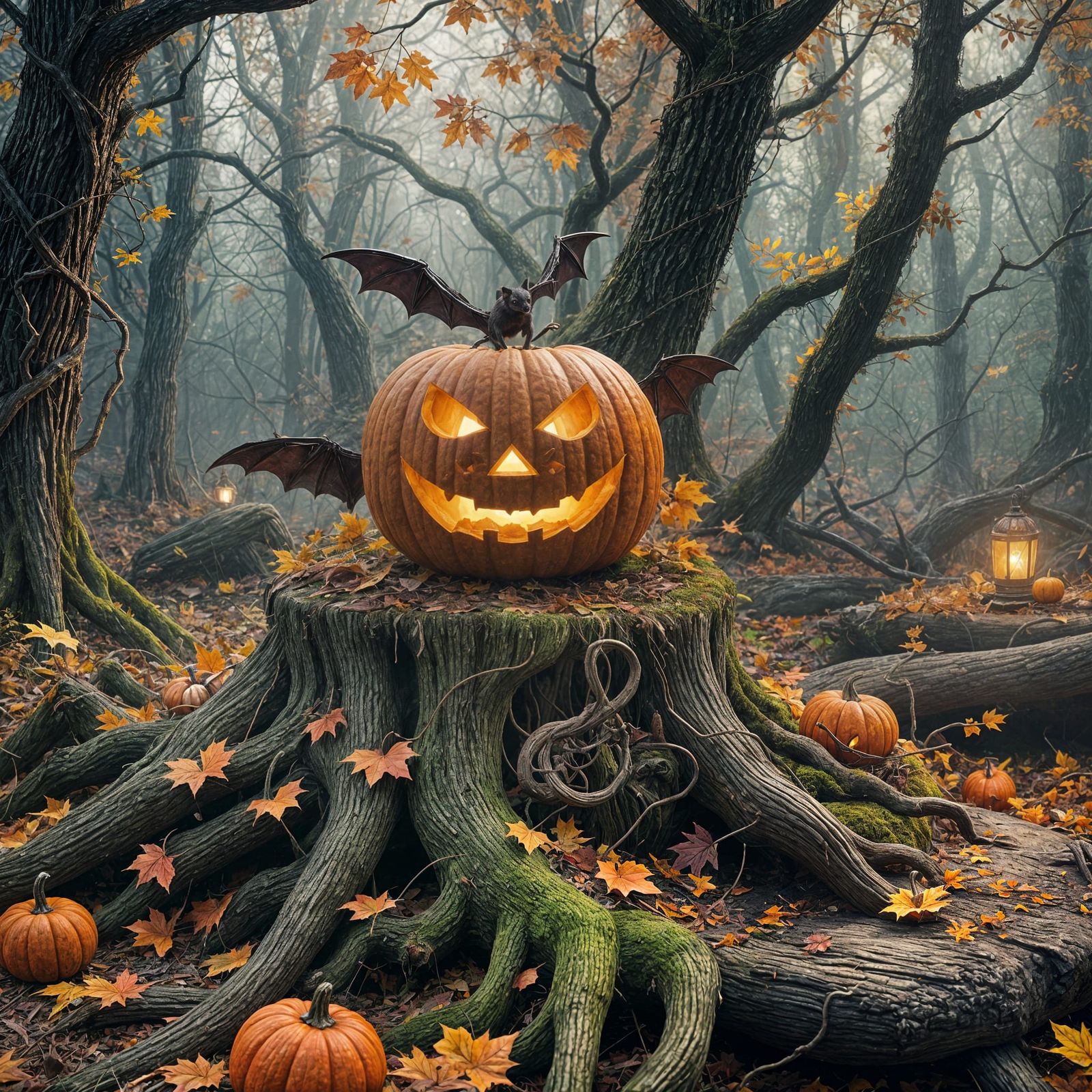 Surreal Autumn Scene with Glowing Pumpkin in Vibrant Forest
