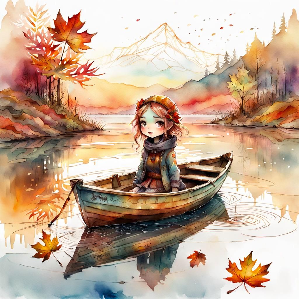 Whimsical Chibi Autumn Girl Sails a Tiny Boat Under Vibrant...