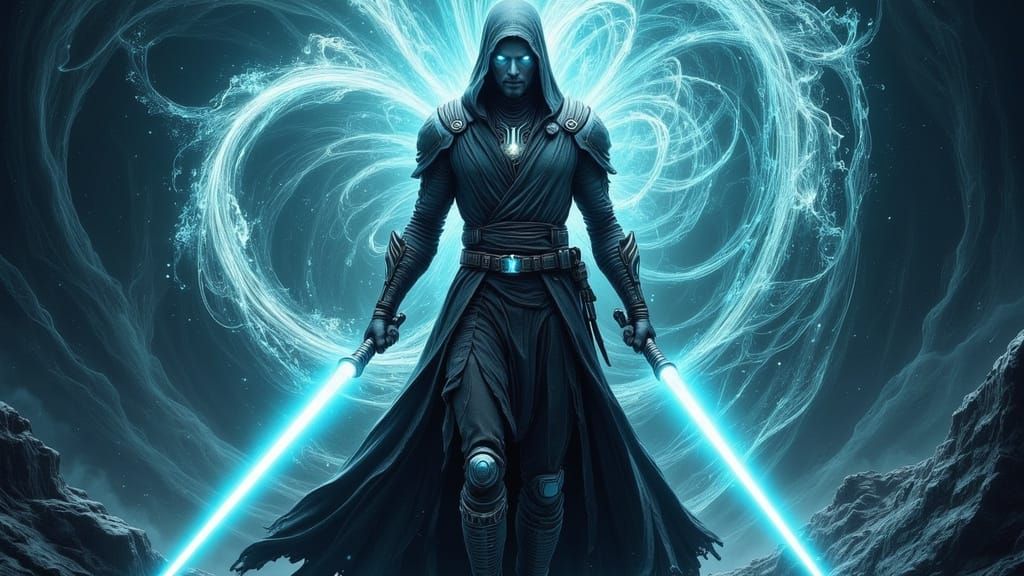 Mysterious Figure Wields Twin Lightsabers Amidst Swirling Ch...