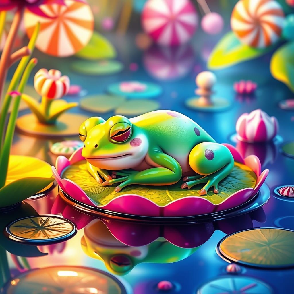 Whimsical Frog Asleep on Lily Pad in Candyland Style