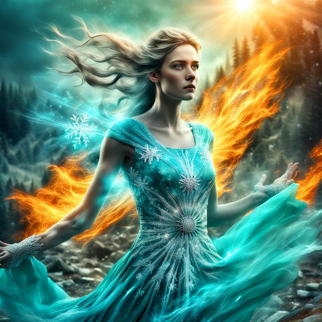 Ethereal Ice Maiden Conjures Frost amidst Blazing Inferno in...