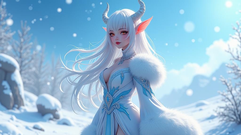 Ethereal Deviline Goddess Emerges from Frosty Wintery Landsc...