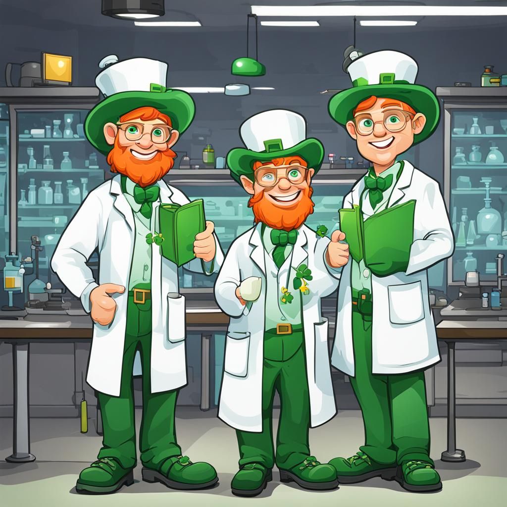 Three Cartoon Leprechauns in Whimsical Lab Coats