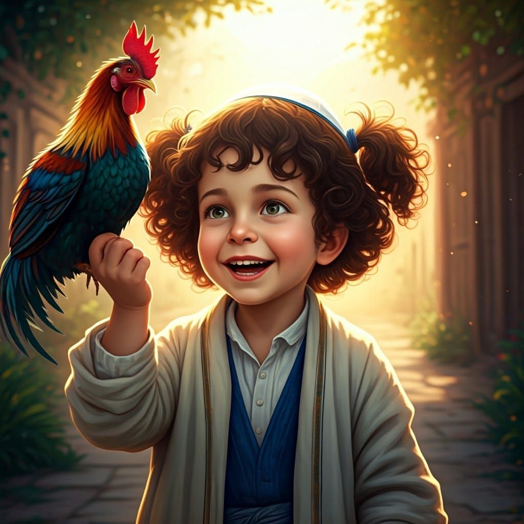 Joyful Little Boy with Pigtails Twirls Rooster in Sunny Yard