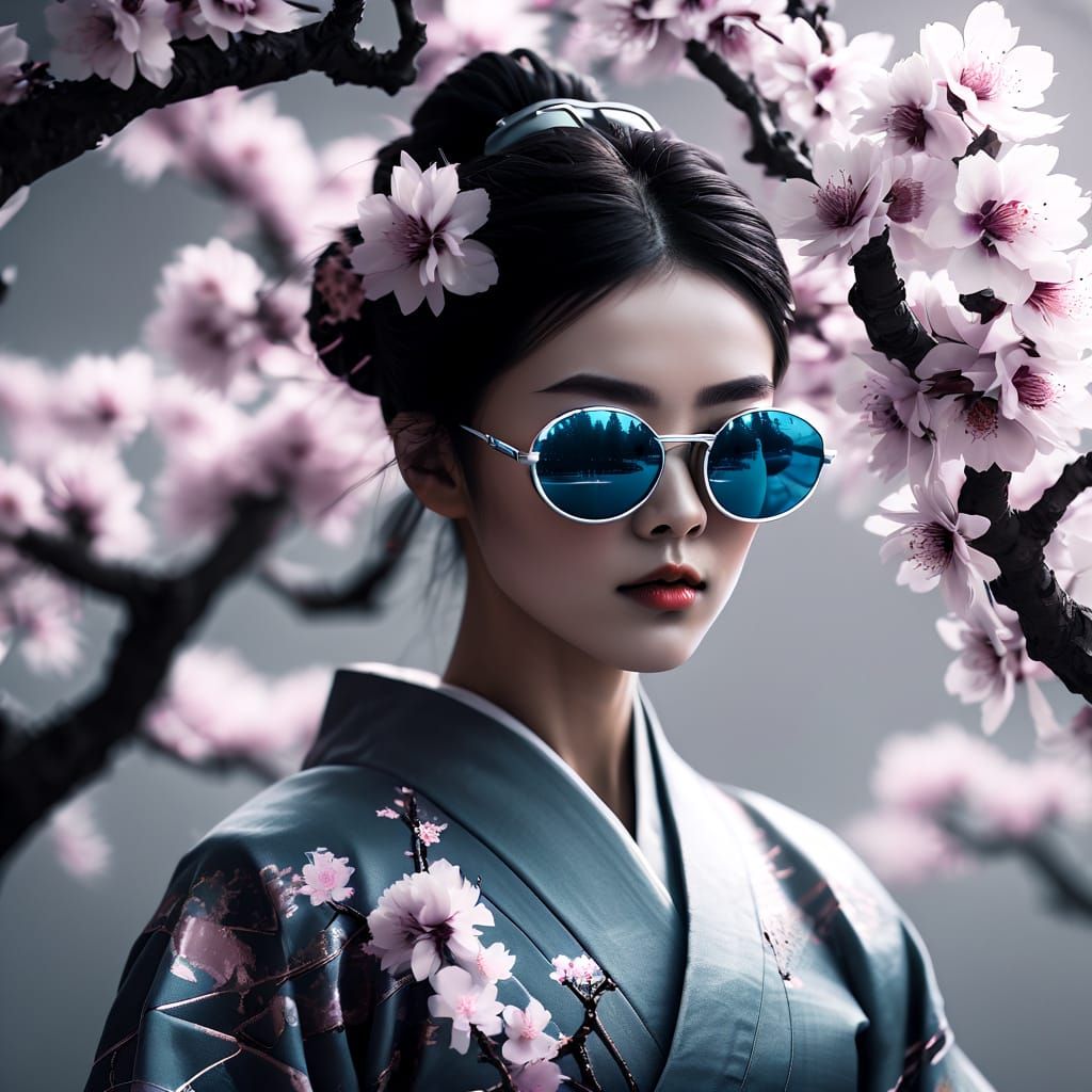 Cyberpunk Geisha Reflections in Prismatic Sunglasses