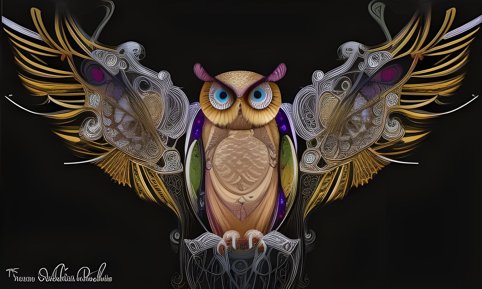 Steampunk Christmas Owl in Whimsical Art Nouveau Style
