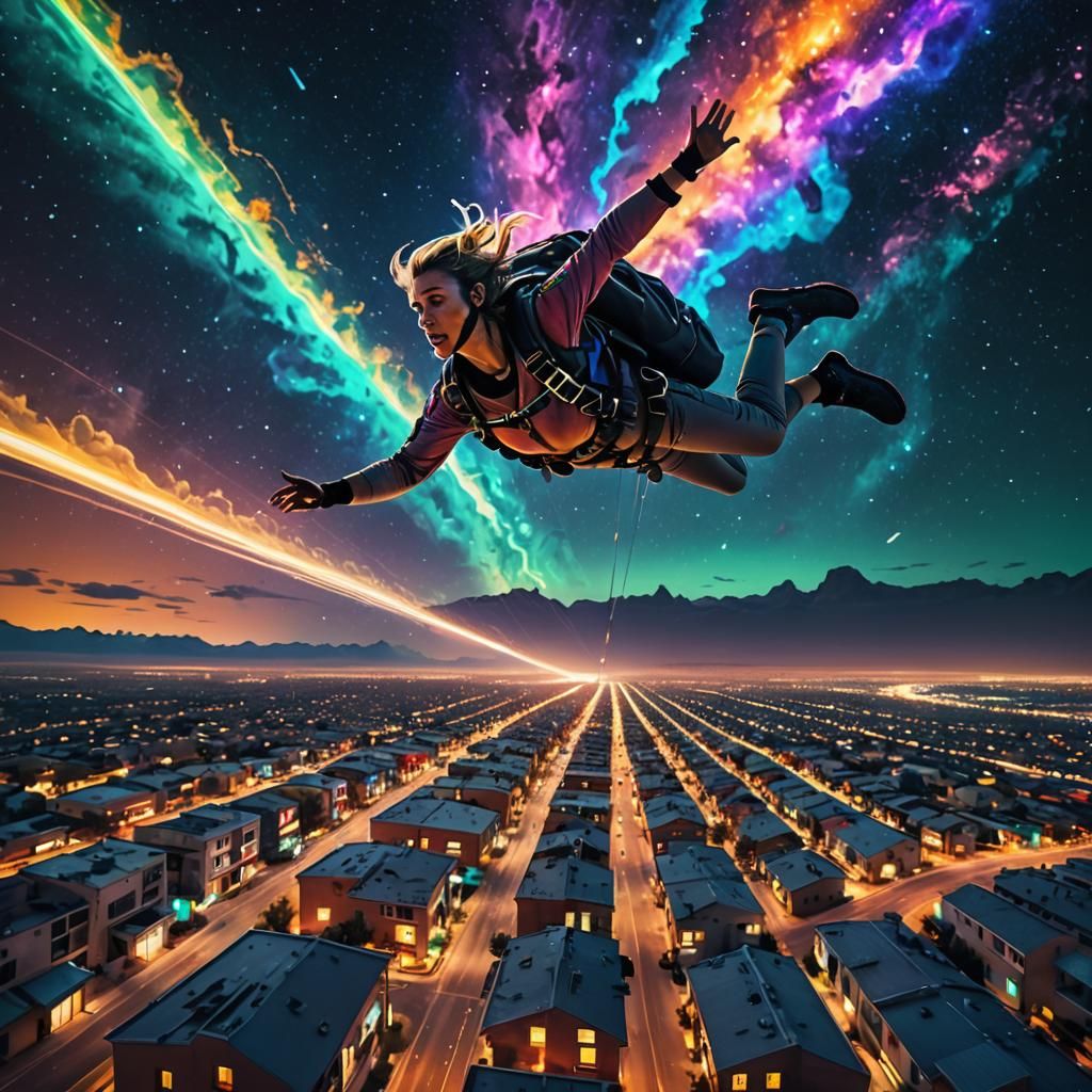 Ethereal Skydiver against Vibrant Galaxy Cityscape