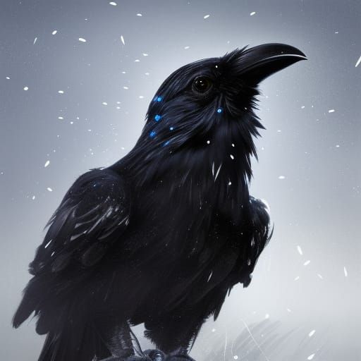 HyperRealistic Raven with Starry Feathers in a Pale Gray Lan...