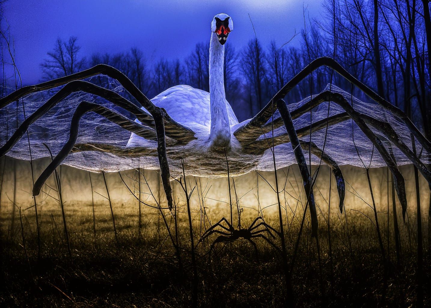 Ethereal Swan-Spider Hybrid in a Foggy Gothic Forest