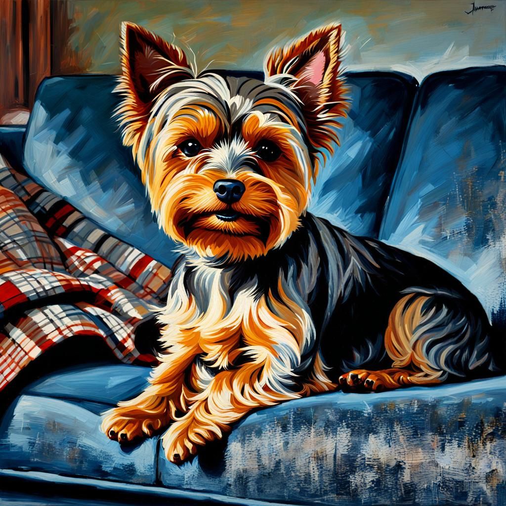 Yorkshire Terrier Cuddles by the Fireside Oil Painting