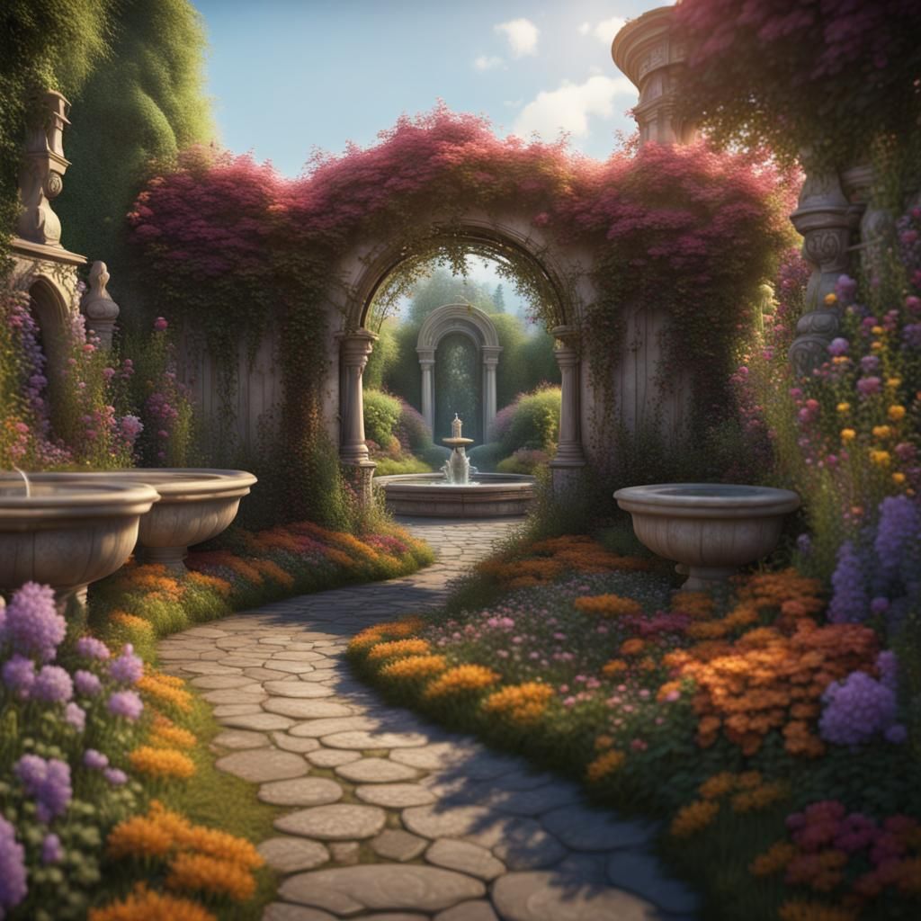 Fantastical Secret Garden Revealed under Vibrant Ornate Arbo...