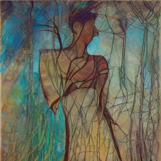 Surreal Stick Figure in Abstract Cubism Landscape