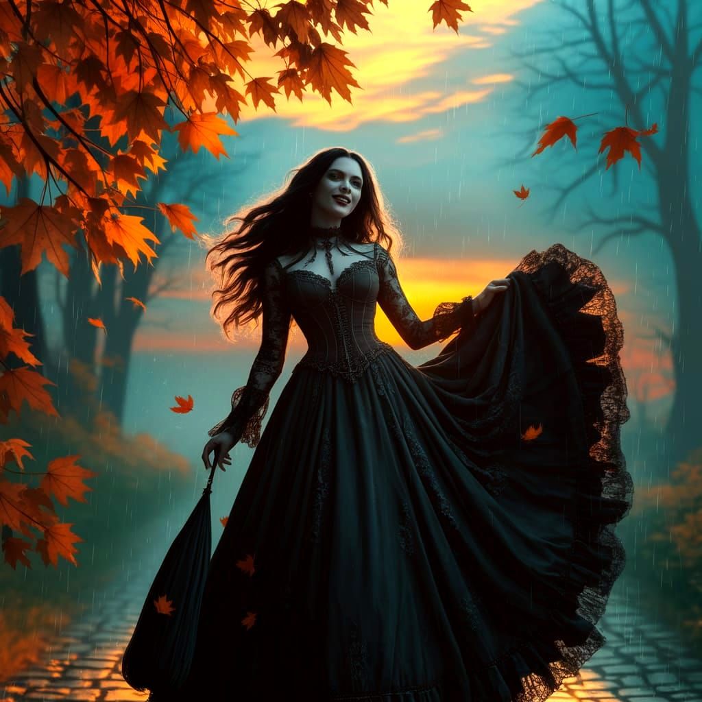 Gothic Woman Dances in Autumn Rain at Sunset