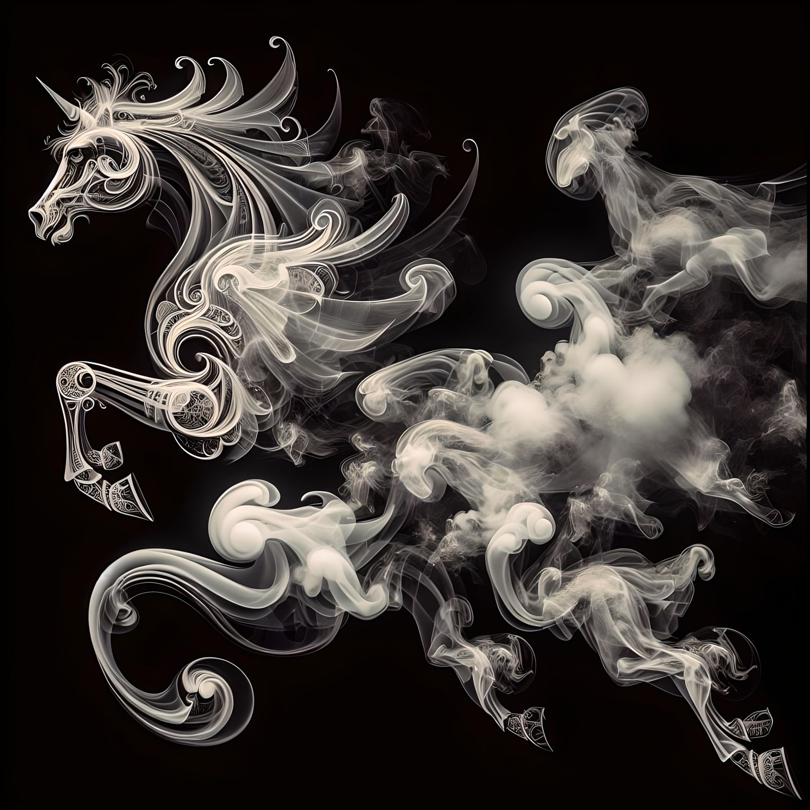 Transform wispy, ethereal smoke into tangible art, creating scenes where smoke shapes objects, animals, or even entire l...
