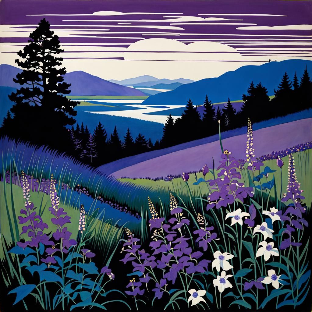 Whimsical Purple Wildflowers in an Art Nouveau Style