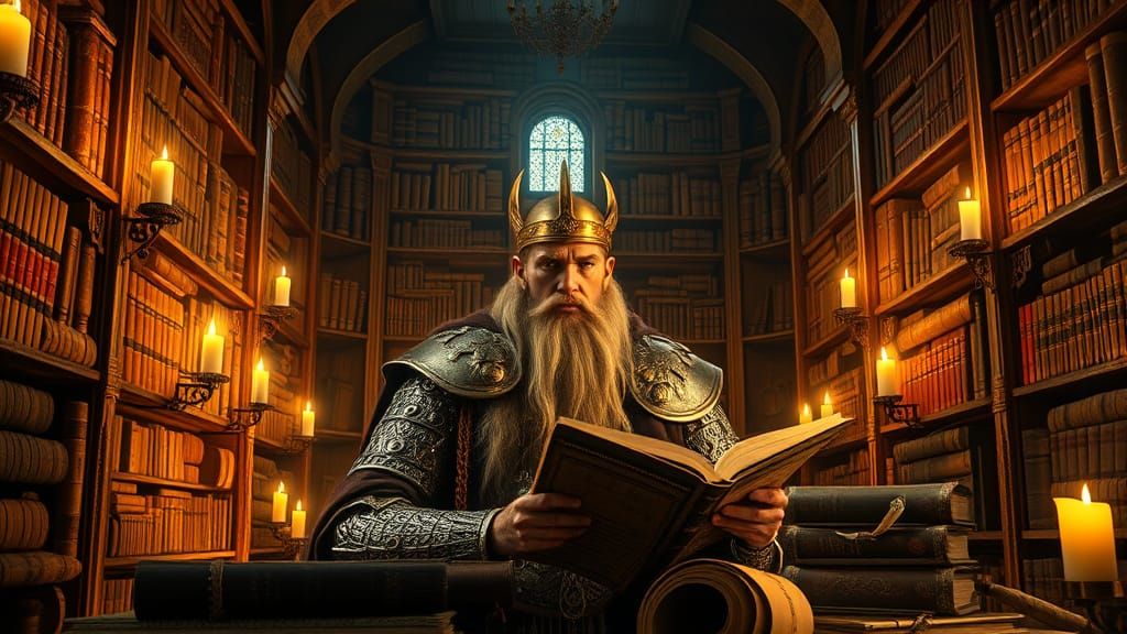 Viking King in Ancient Library, Study of Laws and Principles