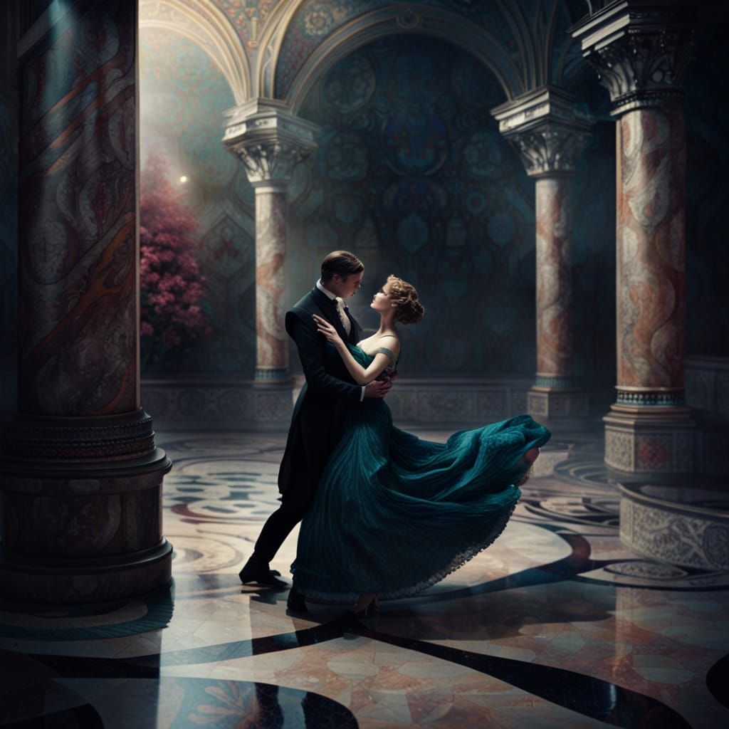 Elegant Victorian Couple Dancing in a Dazzling Palace Ballro...