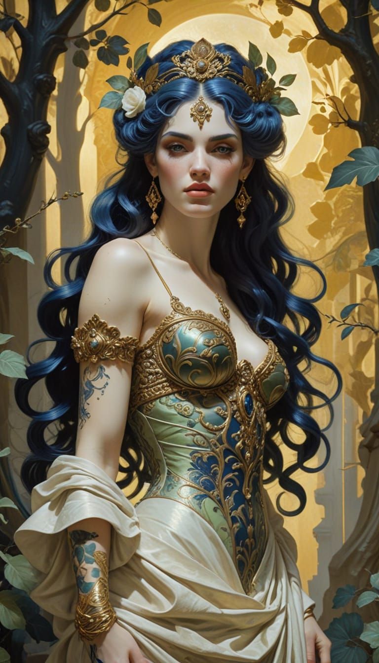 Baroque Goddess with Blue Hair in Classical Drapery