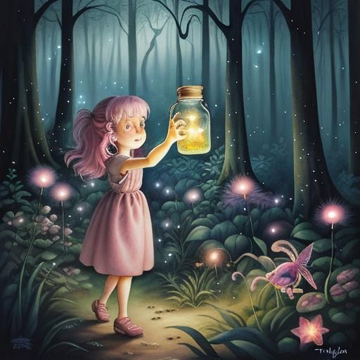Whimsical Watercolor of Girl Releasing Glowing Fireflies in....