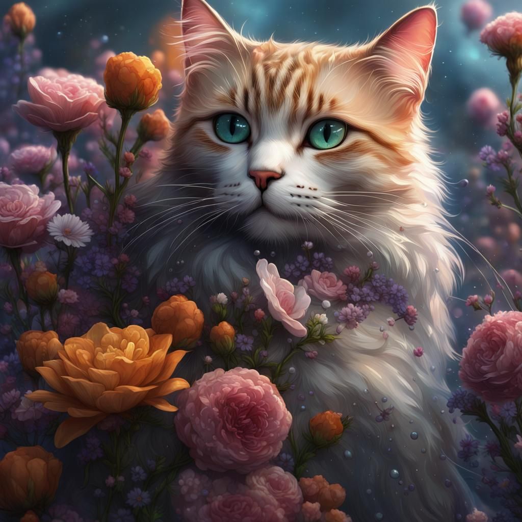Whimsical Cat Encircled by Flowers in a Vibrant Ferric Unive...
