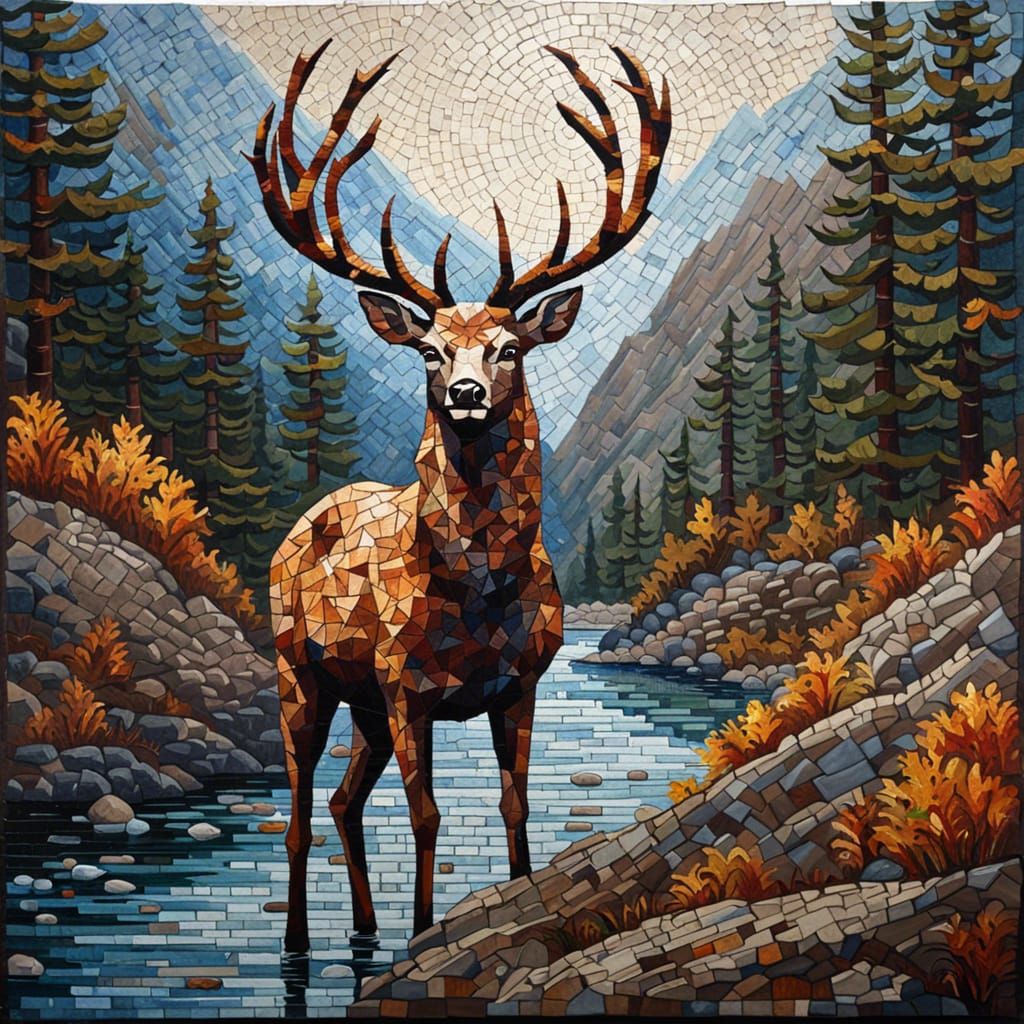 Majestic Deer in Ancient Mountain Landscape, Artistic Palett...