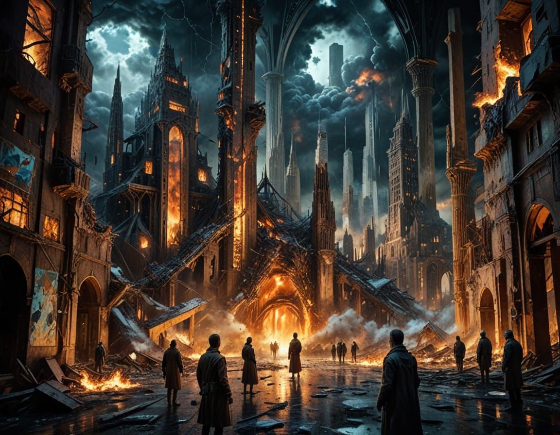 Dystopian Cityscape in Surreal Oil Painting Style